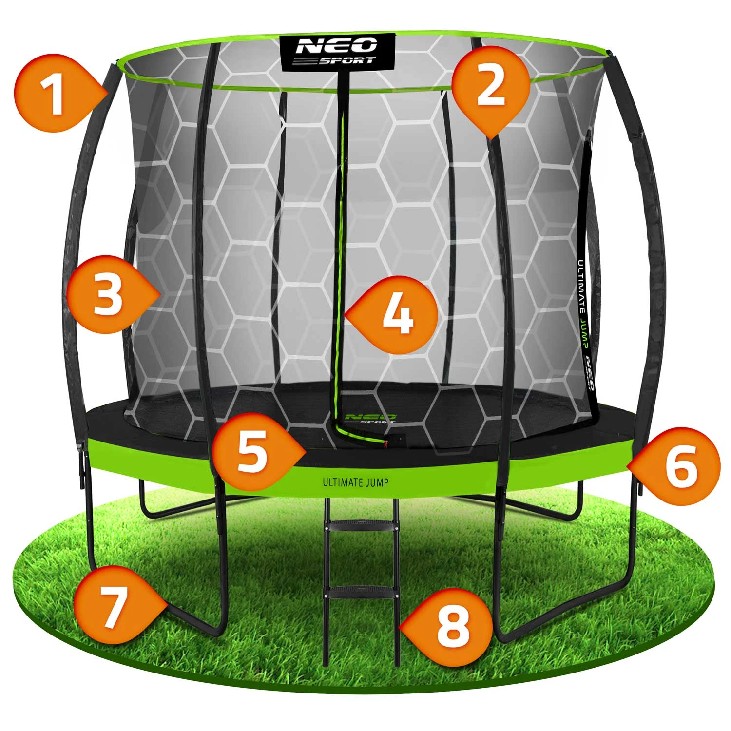 Neo-Sport NS-08C221 sodo batutas su vidiniu tinklu 252 cm (8ft), juodas/žalias