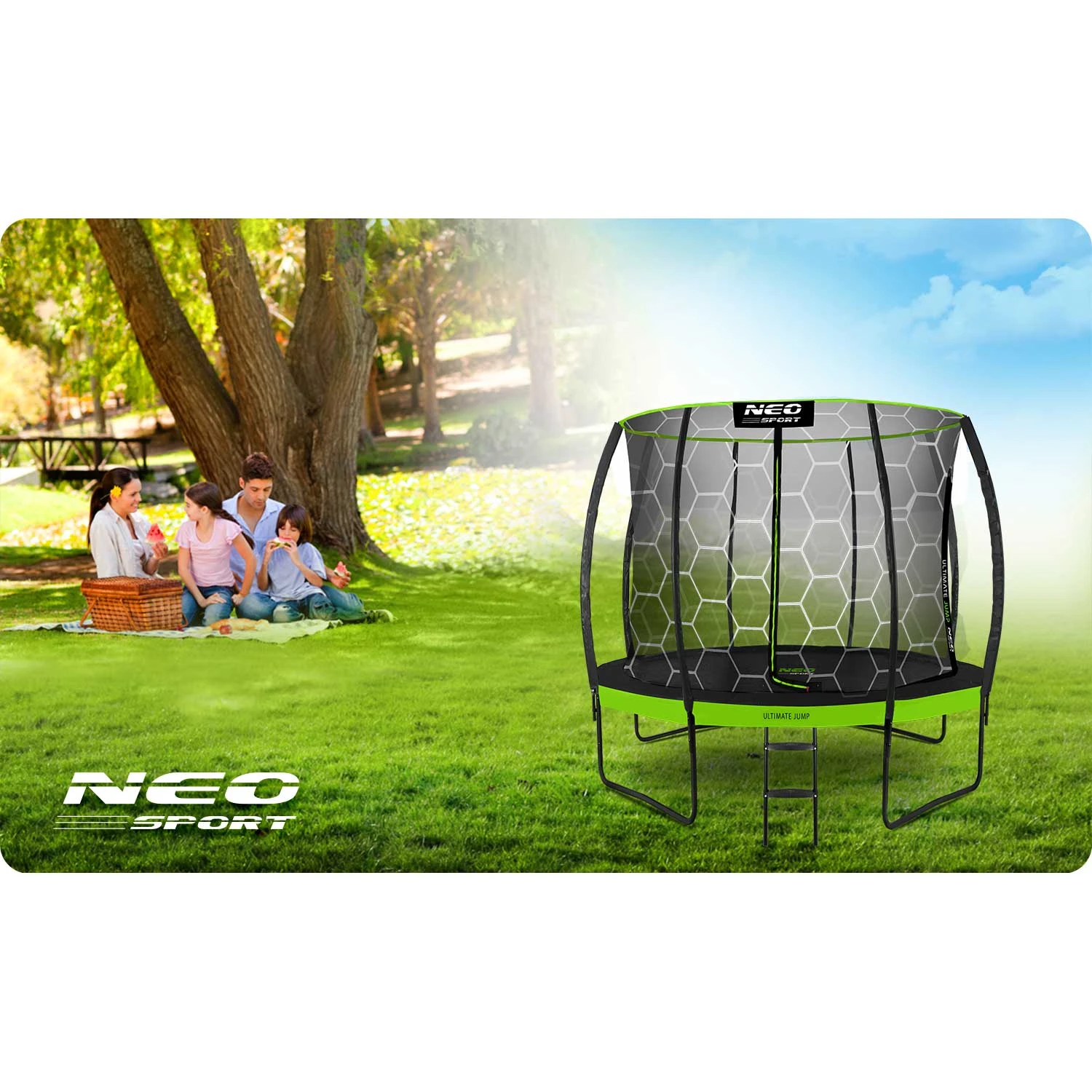 Neo-Sport NS-08C221 sodo batutas su vidiniu tinklu 252 cm (8ft), juodas/žalias