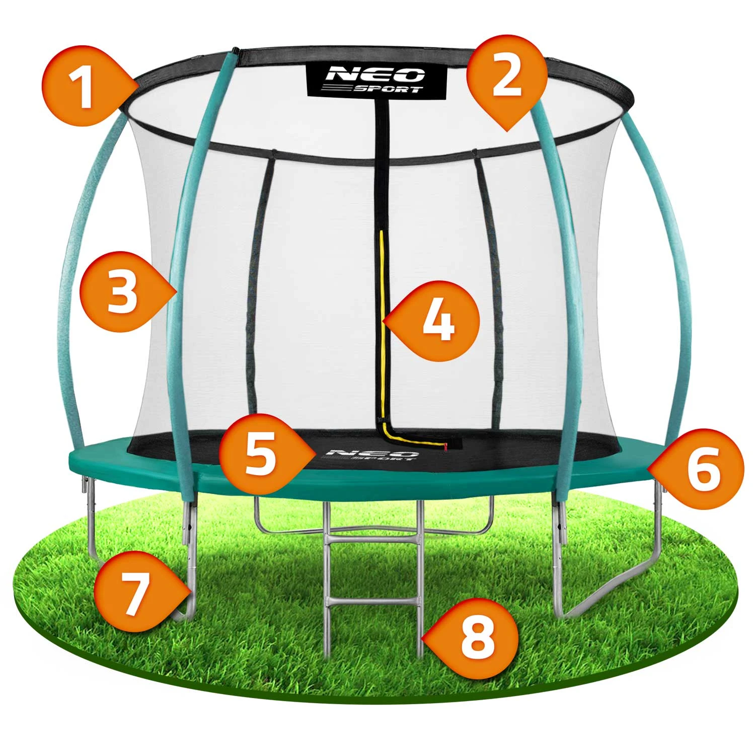 Neo-Sport NS-08C181 Garden Trampoline 252 cm with Inner Net and Ladder, Green