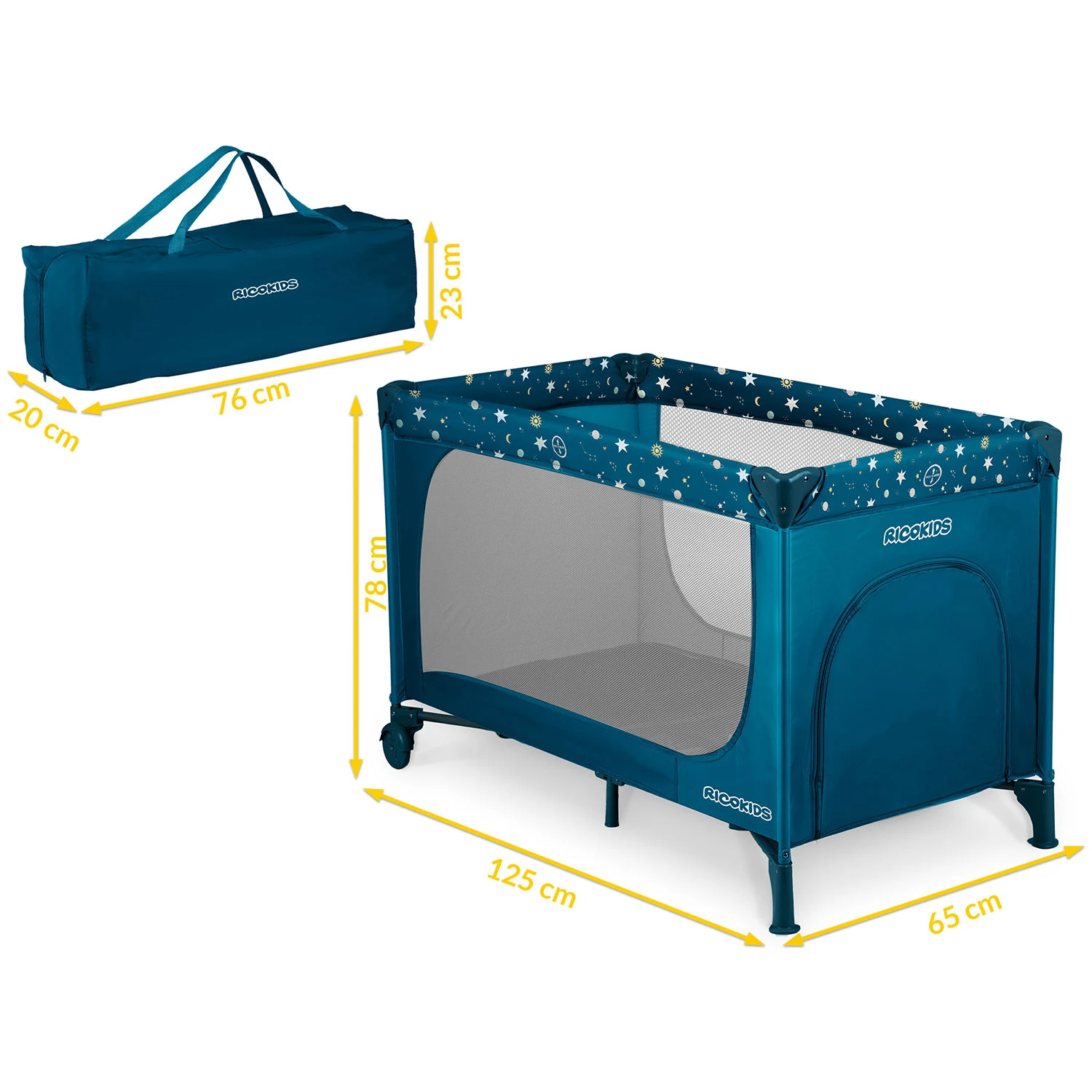 Ricokids RK-240 kelioninė lovelė su čiužiniu ir krepšiu, 125x65x78 cm, tamsiai mėlyna