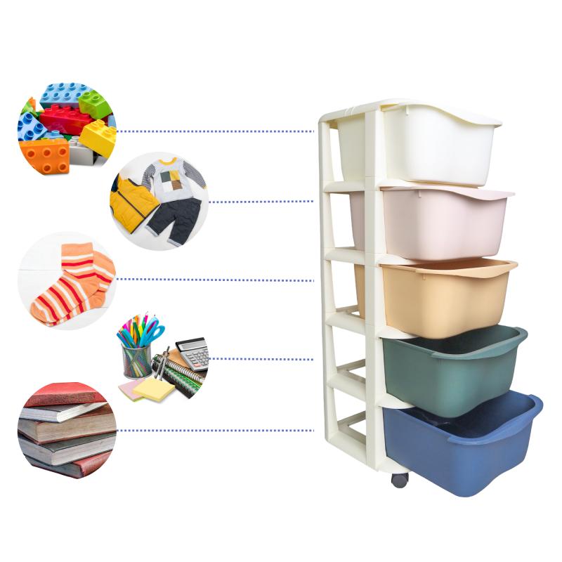Kids 5-Drawer Storage Cart on Wheels, Plastic Toy Organizer