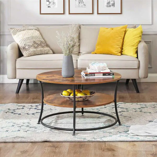 ModernHome Round Industrial Coffee Table with Shelf for Living Room