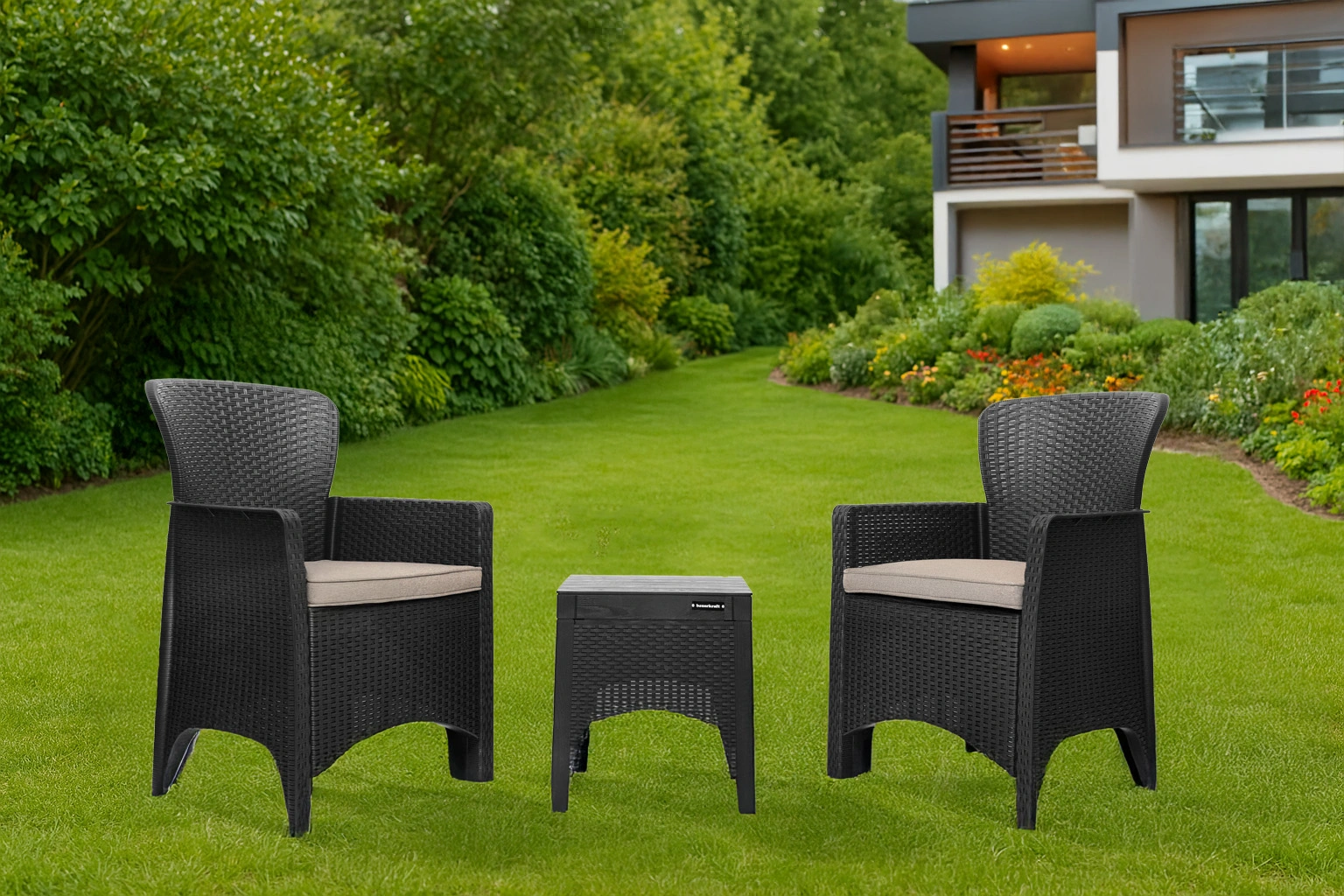 Garden Bistro Set for Balcony and Patio with 2 Chairs and Table, Black