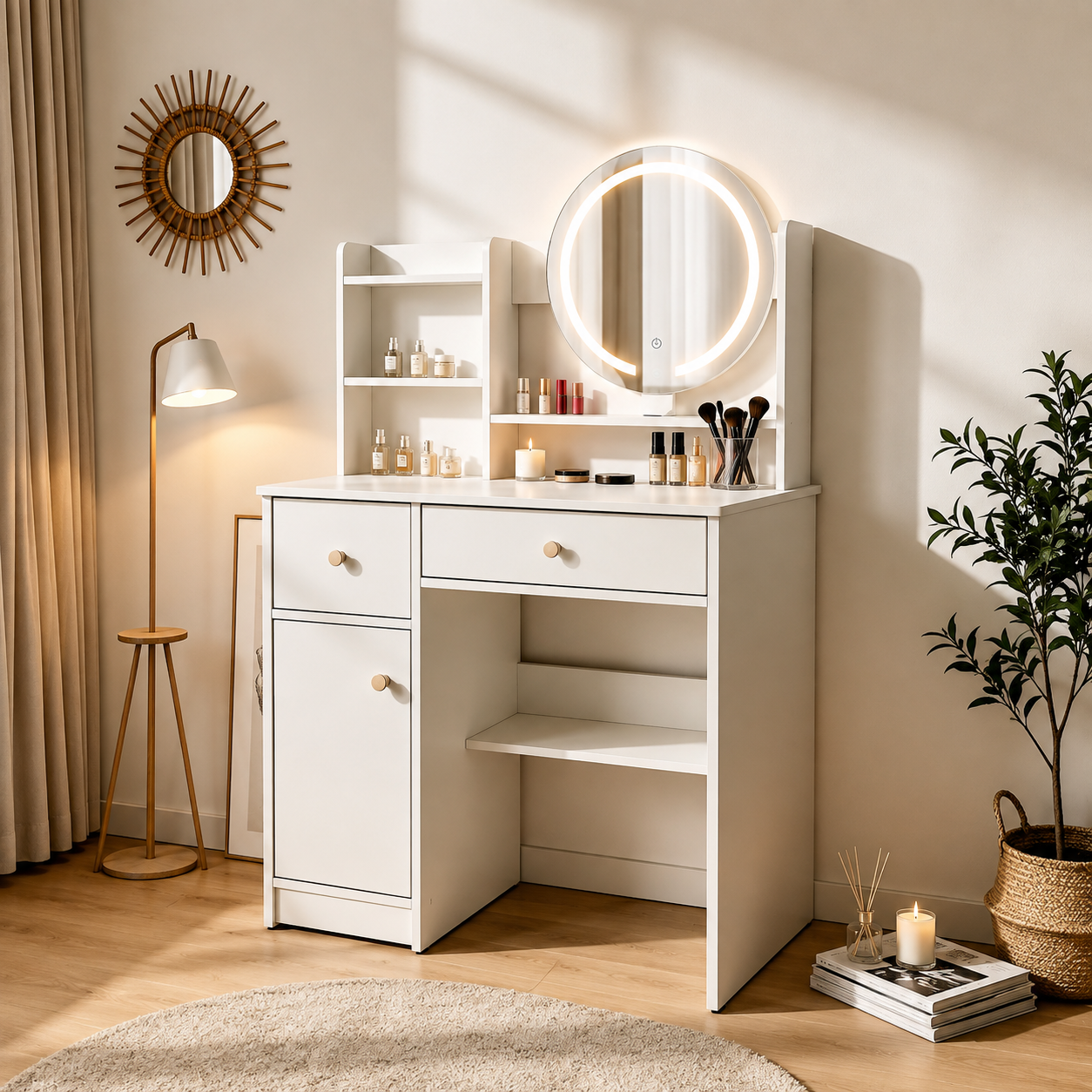 ModernHome Kosmetinis Staliukas su LED Veidrodžiu ir Stalčiais
