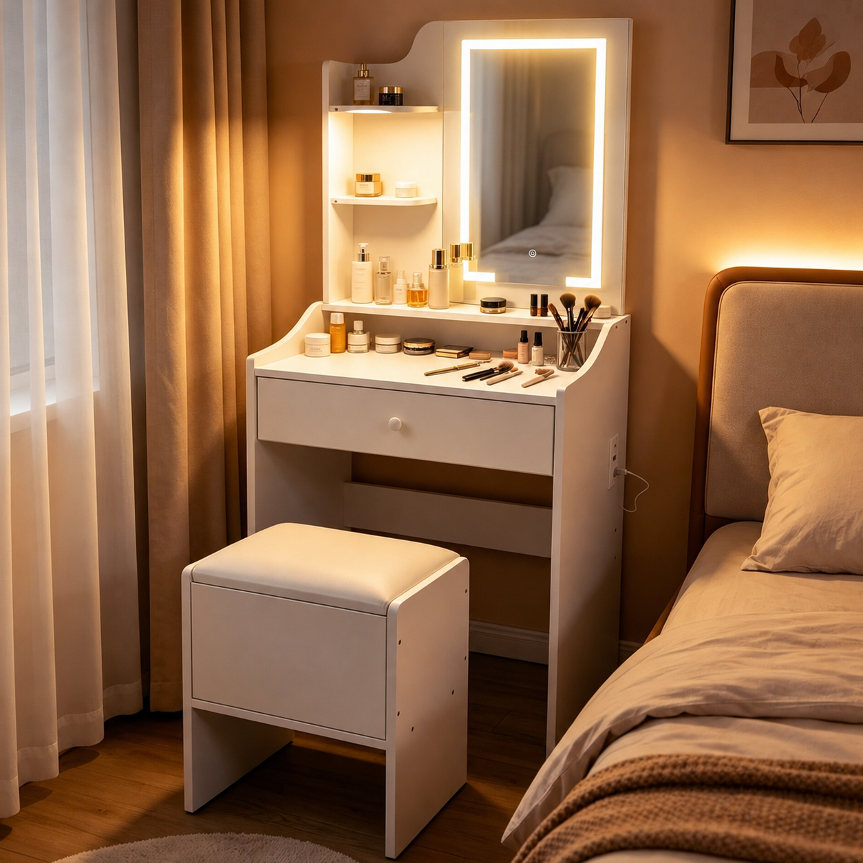 ModernHome kosmetinis staliukas su LED veidrodžiu ir kėdute