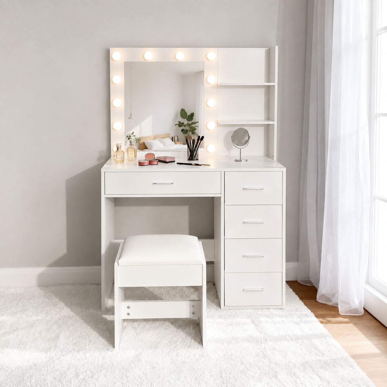 ModernHome kosmetinis staliukas su LED veidrodžiu, stalčiais ir kėdute