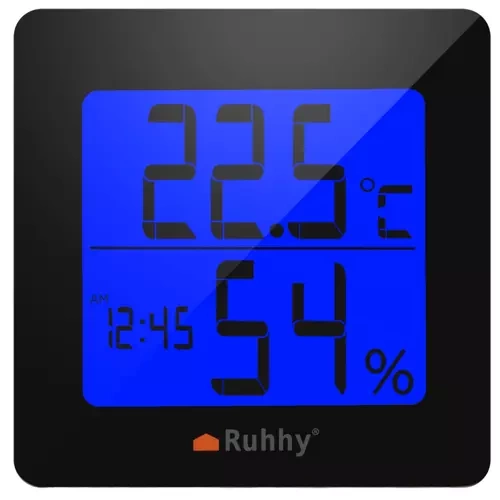 Ruhhy 19161 Thermometer and Hygrometer with Clock, Black/White