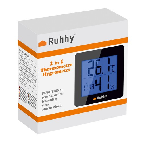 Ruhhy 19161 Thermometer and Hygrometer with Clock, Black/White