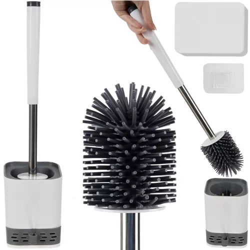 Ruhhy Silicone Toilet Brush with Holder and Tweezers, White/Grey