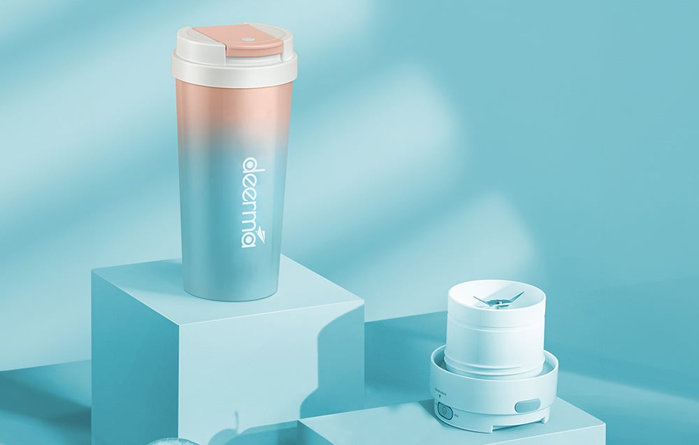 Deerma DEM-NU90 Cordless Blender & Thermal Mug, Blue/Pink