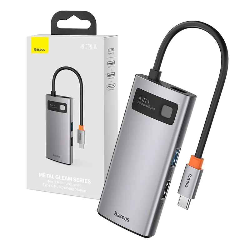 Baseus Metal Gleam Series 4in1 USB-C Šakotuvas (USB 3.0, USB 2.0, HDMI, PD) Pilkas