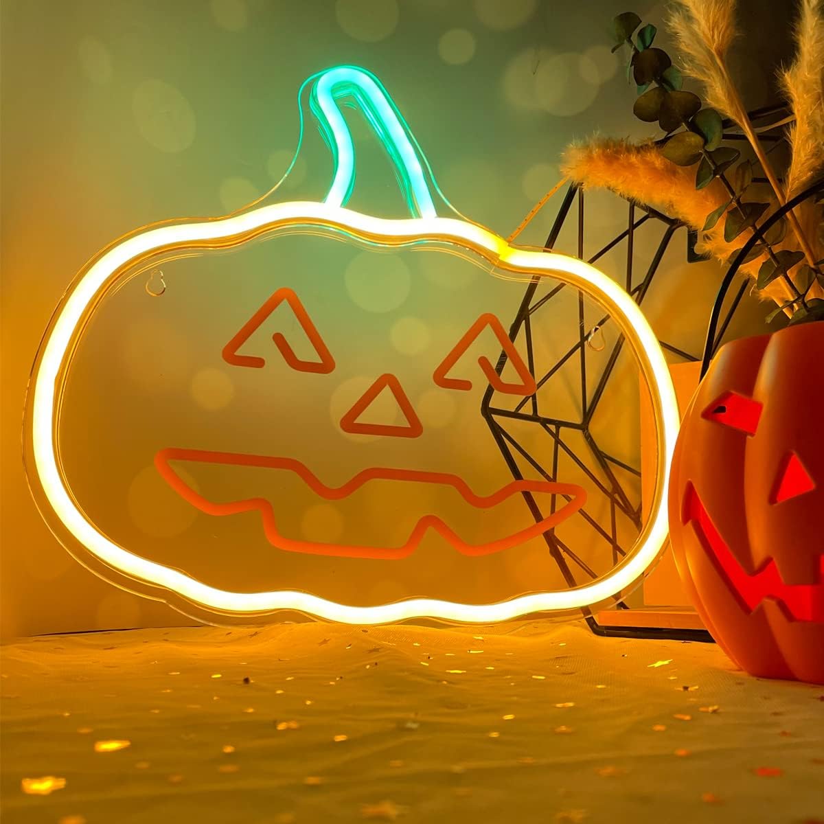 Neolia PLEXI LED Neon Pumpkin with Stem, Orange/Green