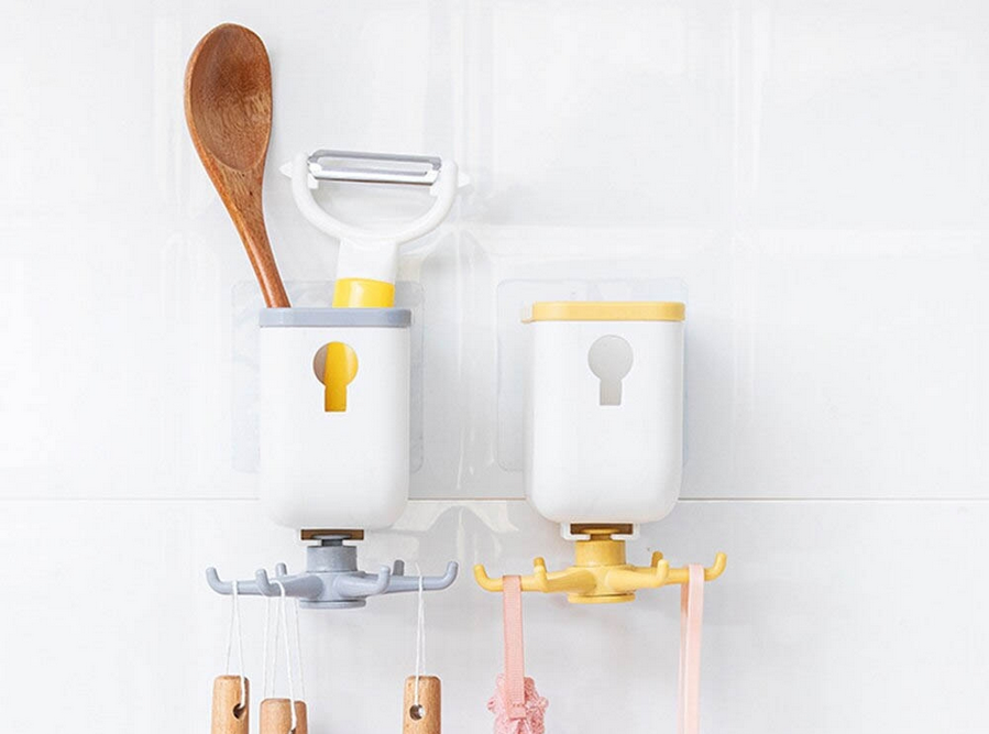 Rotating Kitchen Hanger with 6 Hooks and Container, Self-Adhesive