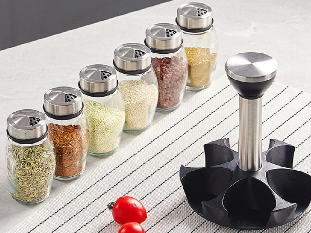 Rotating Spice Rack + 6 Glass Jars