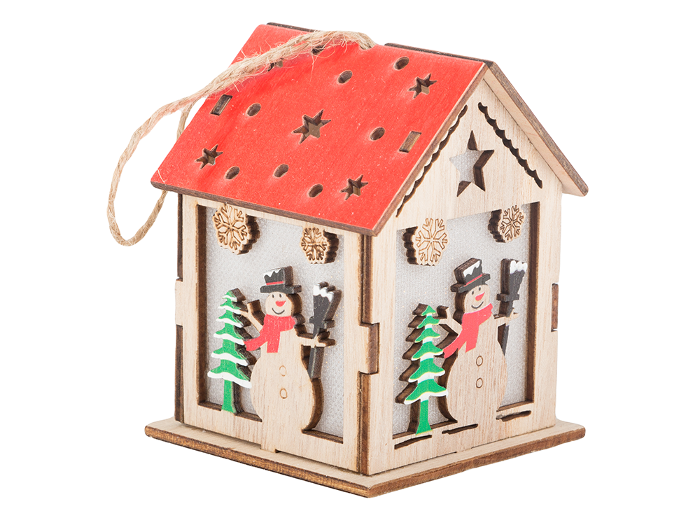 Wooden Hanging Christmas Lantern with LED Light, Snowman