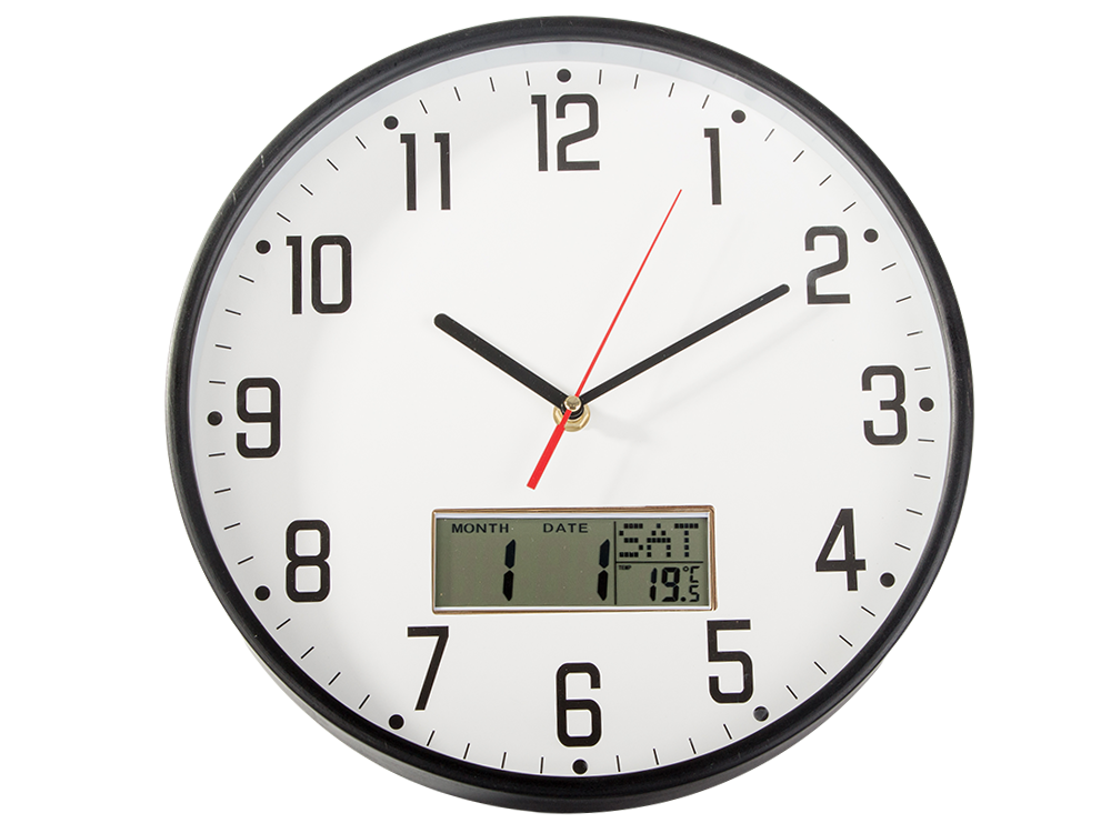 Wall clock large silent 30cm round pointer date temperature wood