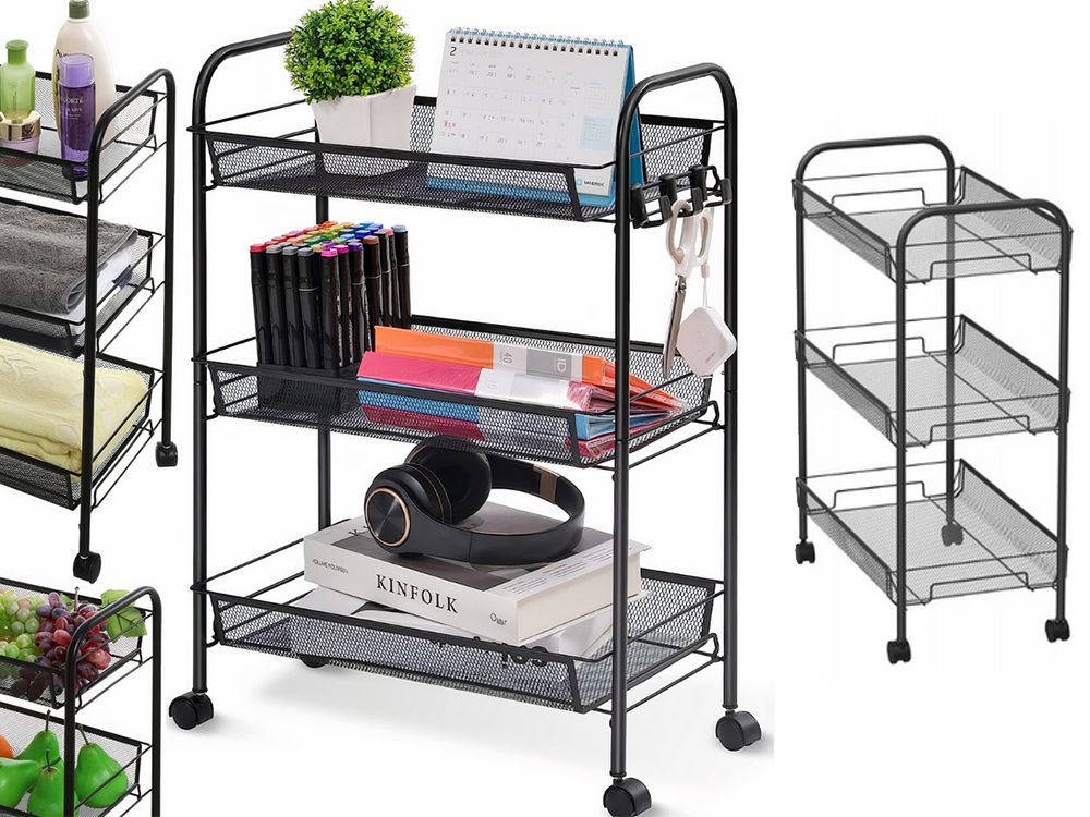 3-Tier Metal Rolling Storage Cart, Black