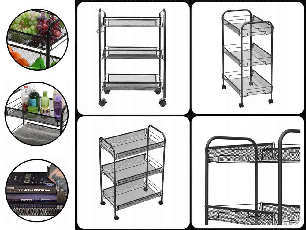 3-Tier Metal Rolling Storage Cart, Black