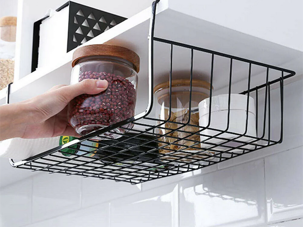 Under-Shelf Hanging Metal Basket Organizer, Black