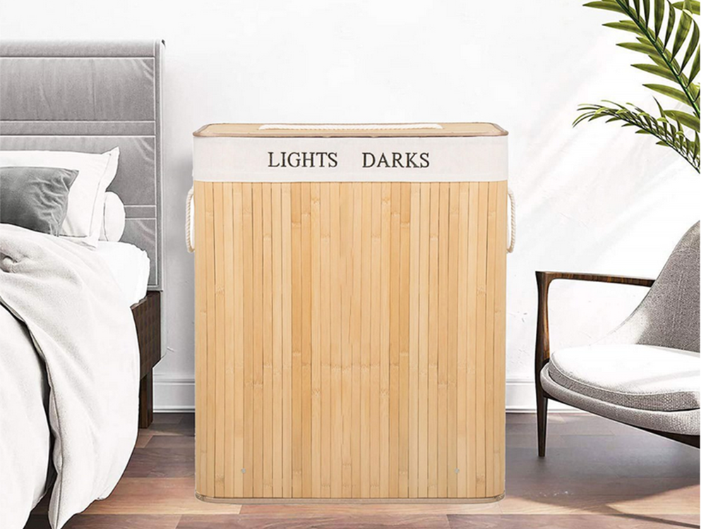 Bamboo Laundry Basket 2-Compartment Organizer with Lid