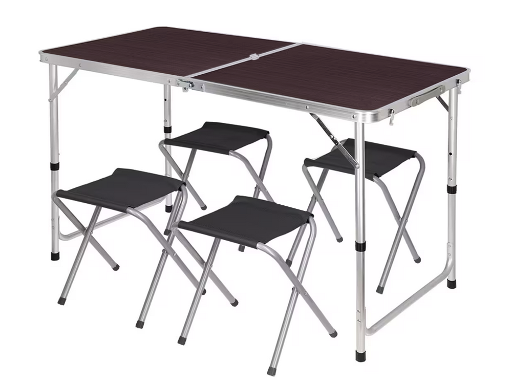 Folding camping table set with 4 chairs, brown