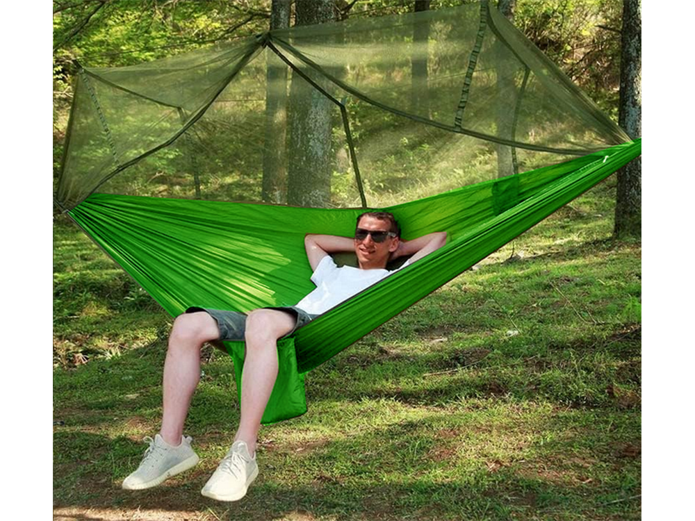 Kelioninis hamakas su tinkleliu nuo uodų, žalias