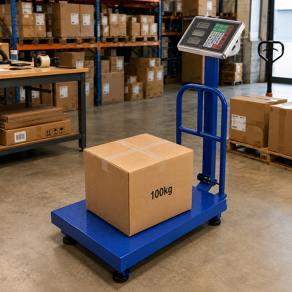 Elektroninės platforminės svarstyklės su atrama, 100 kg, LCD, mėlynos