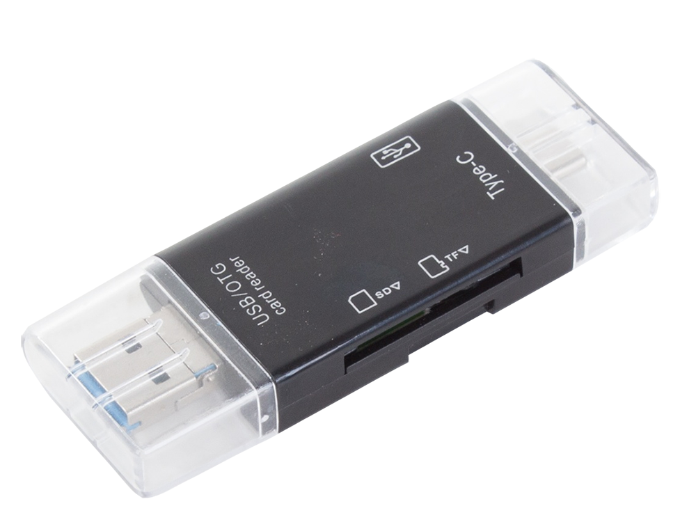 Compact SD and MicroSD Card Reader with USB, USB-C, Micro USB, black