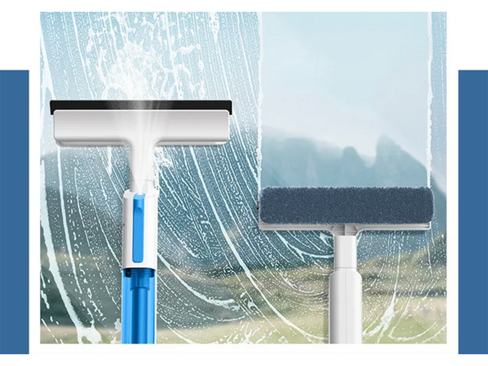 Flat mop with spray and window squeegee, 3 microfiber pads, white