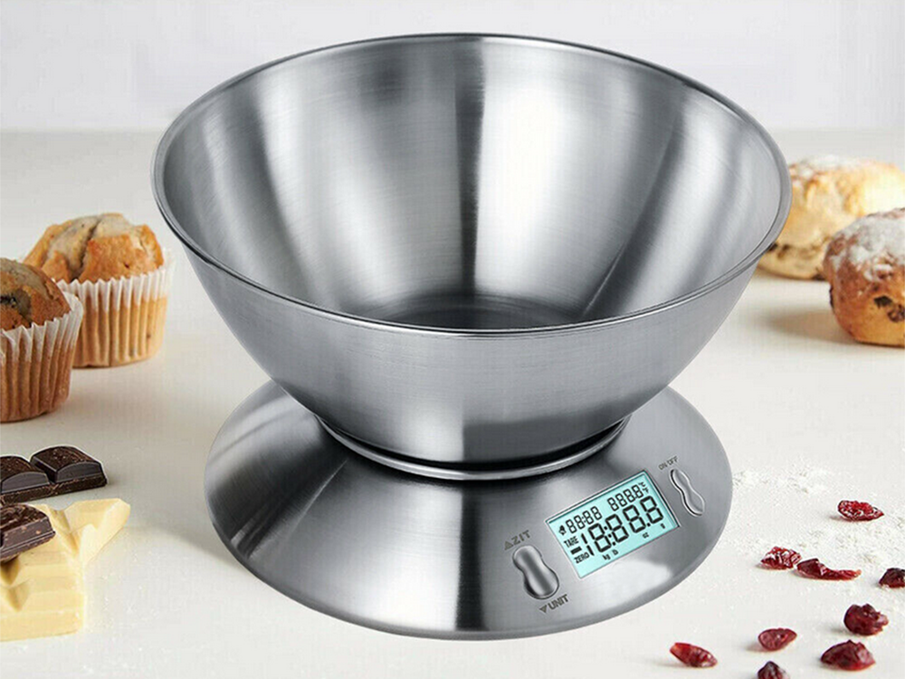 Digital kitchen scales with LCD display and stainless steel bowl 5 kg, silver