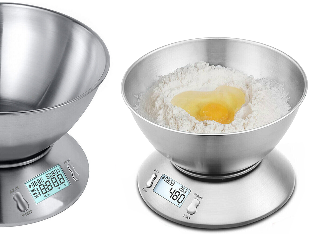 Digital kitchen scales with LCD display and stainless steel bowl 5 kg, silver