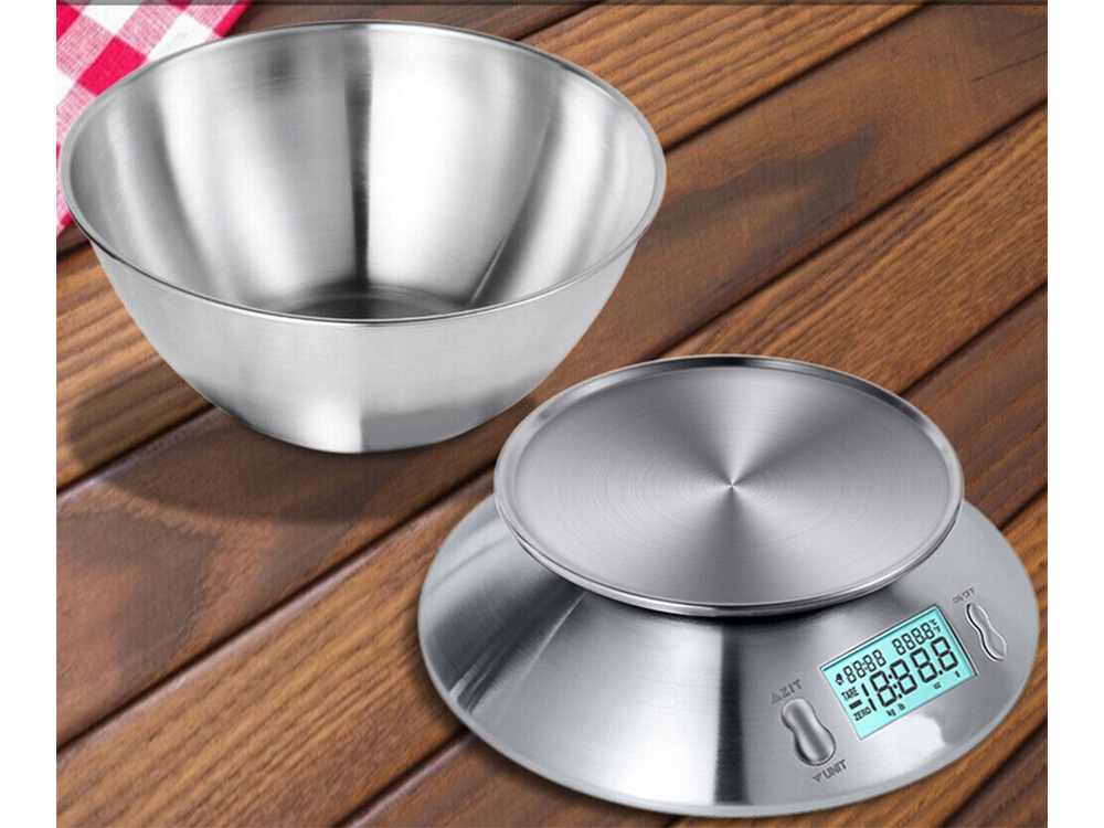 Digital kitchen scales with LCD display and stainless steel bowl 5 kg, silver