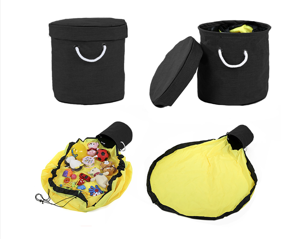 Toy Storage Basket with Play Mat, Organizer with Lid and Handles, Black