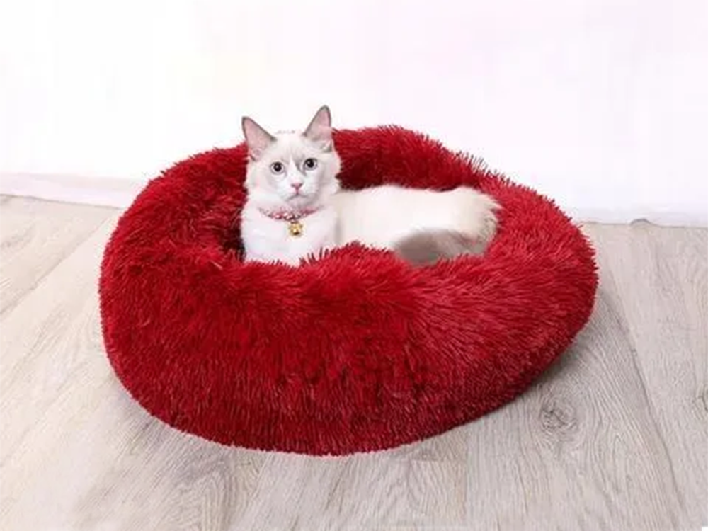 Plush Calming Donut Pet Bed for Dogs and Cats 50 cm, Burgundy