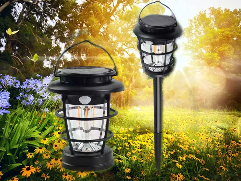 LED saulės energijos žibintas su judesio ir sutemų jutikliu, juodas