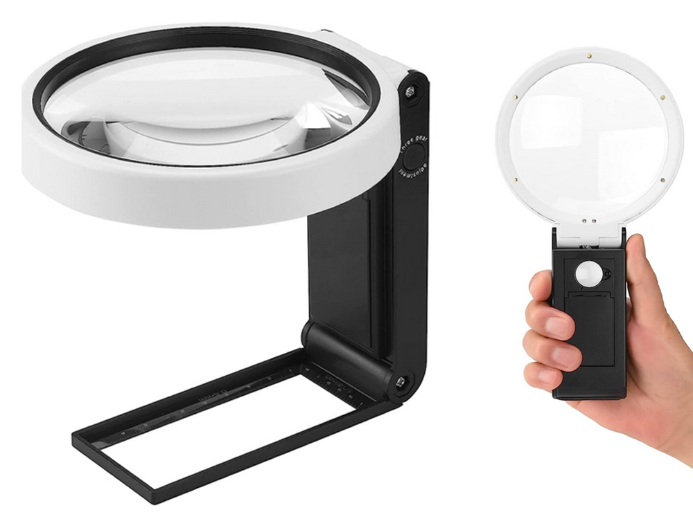 Folding Jeweler\'s Loupe 10x 25x with 6 LED, 2 UV Lights and Scale