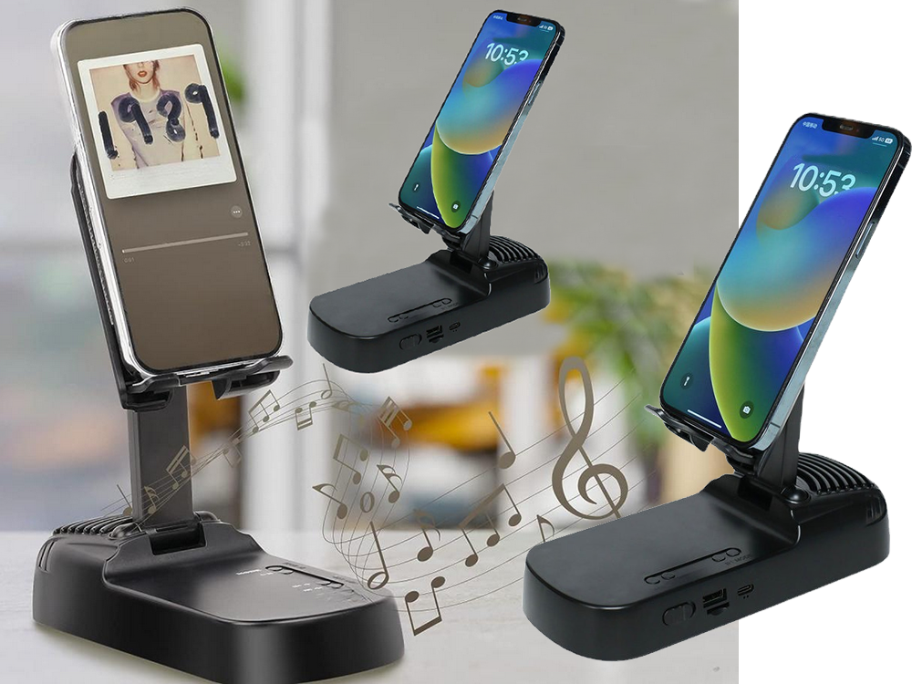 Teleskopinis telefono stovas su Bluetooth garsiakalbiu ir išorine baterija, juodas