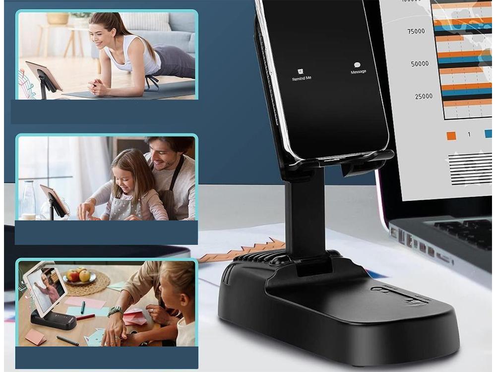 Teleskopinis telefono stovas su Bluetooth garsiakalbiu ir išorine baterija, juodas