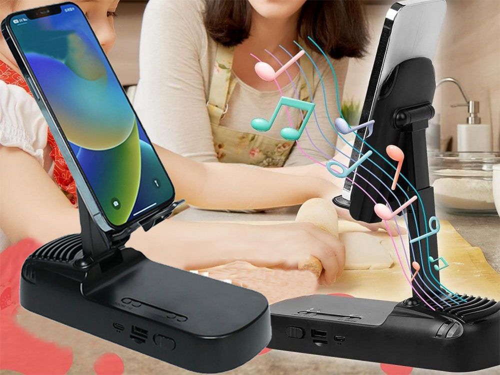 Teleskopinis telefono stovas su Bluetooth garsiakalbiu ir išorine baterija, juodas