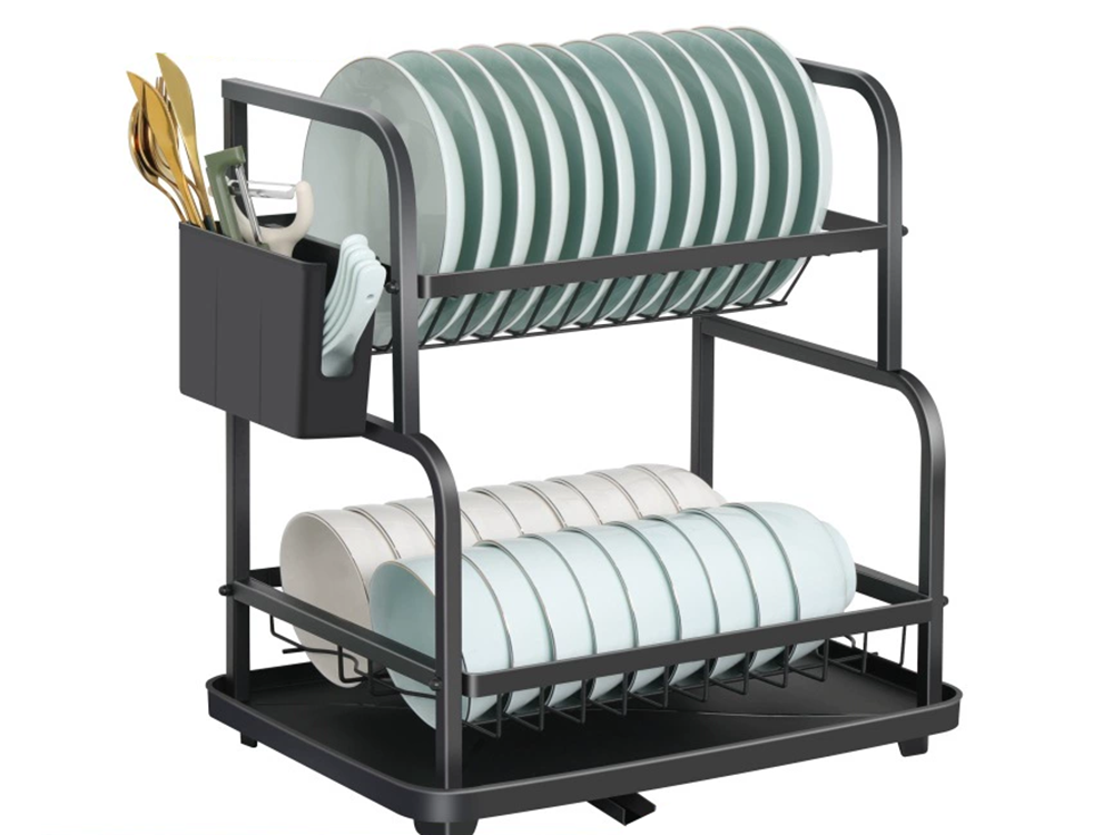 Two-Tier Dish Drying Rack with Drip Tray and Drainboard, Black