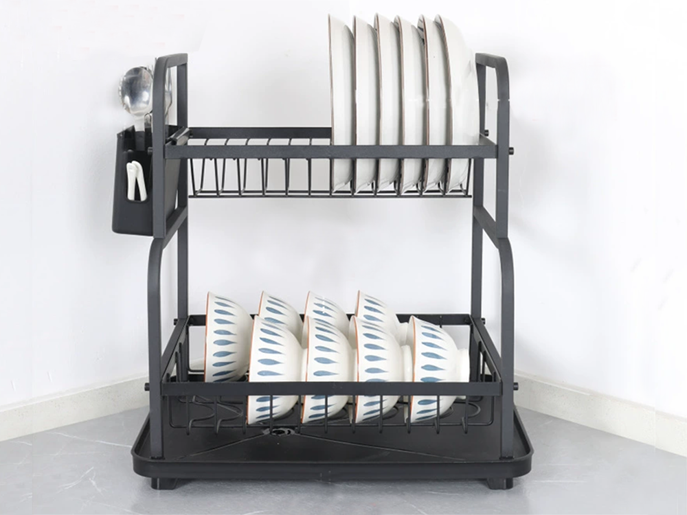Two-Tier Dish Drying Rack with Drip Tray and Drainboard, Black