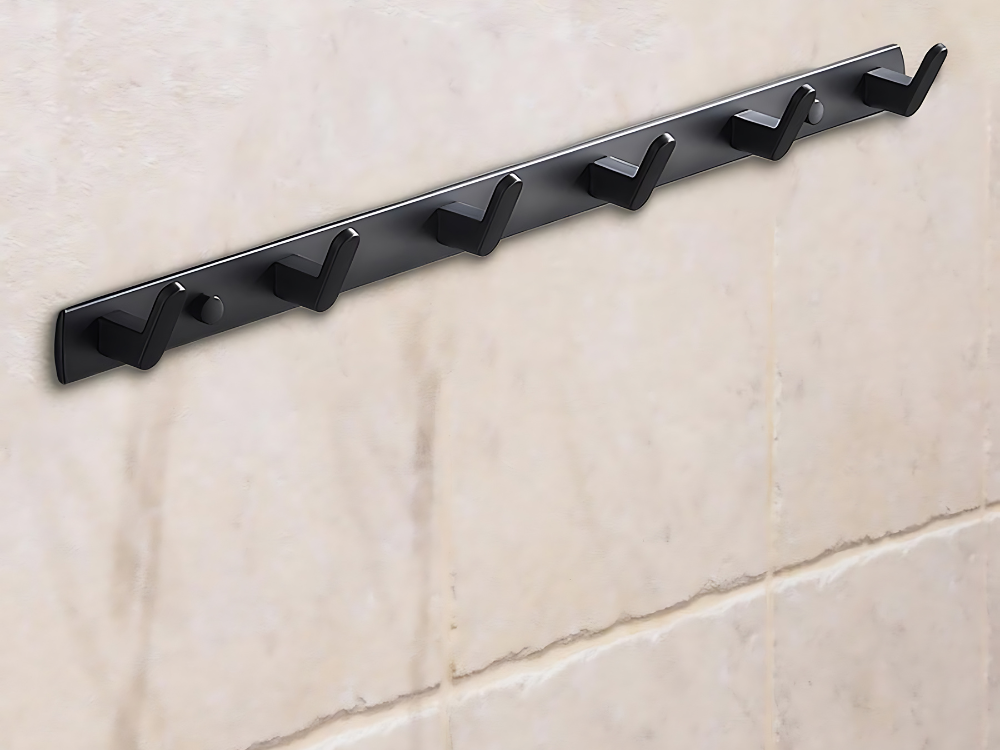 Sieninė drabužių ir rankšluosčių kabykla su 6 kabliukais, 54.5 cm, juoda