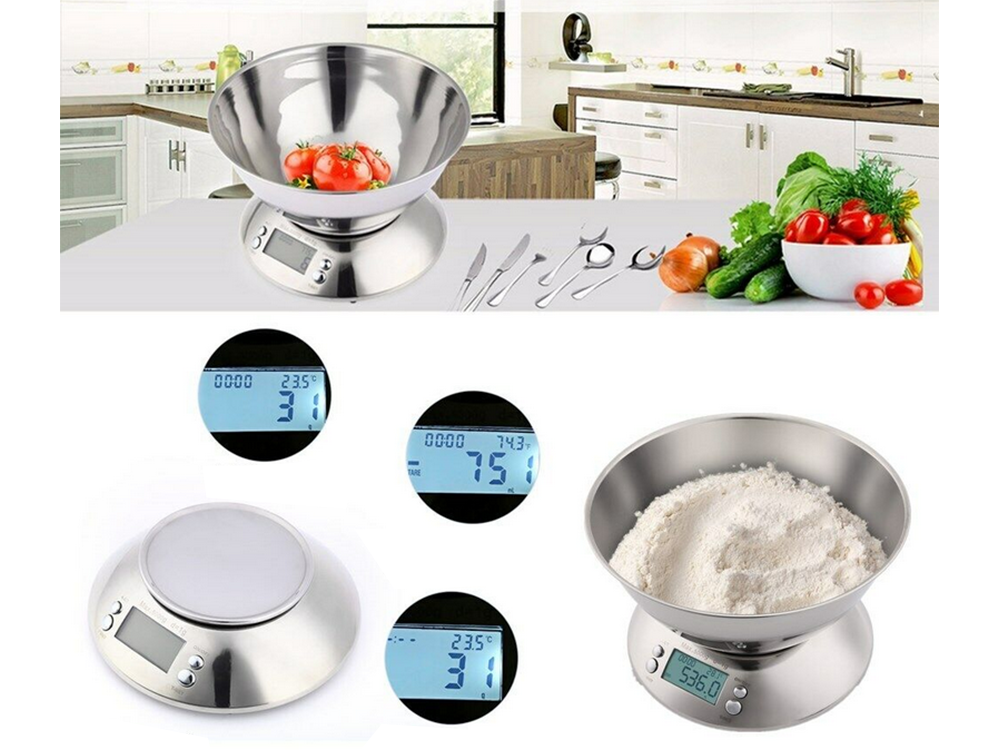 Digital Kitchen Scale with Stainless Steel Bowl, 5kg, LCD Display, Silver
