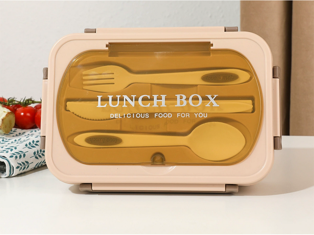 Lunch Box with Compartments and Cutlery, Brown