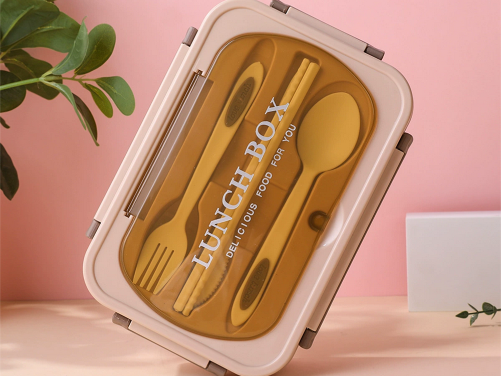 Lunch Box with Compartments and Cutlery, Brown