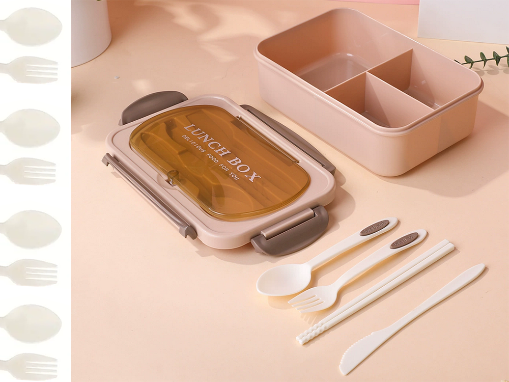 Lunch Box with Compartments and Cutlery, Brown