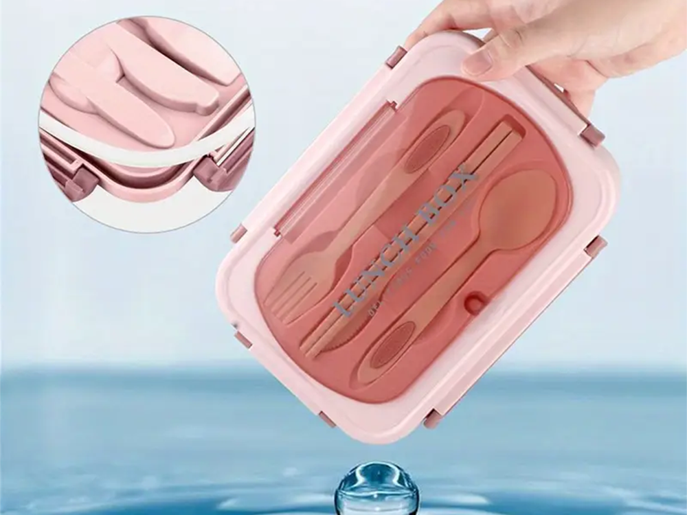 Lunch Box with Compartments and Cutlery, Pink