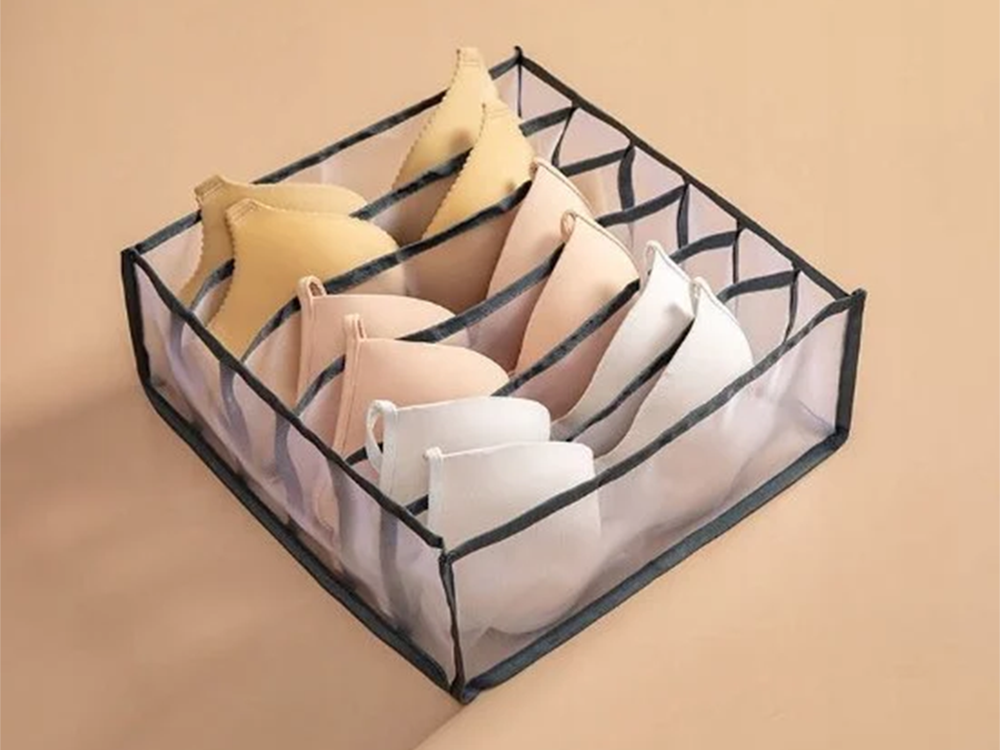 Bra and Underwear Drawer Organizer with 6 Compartments, Grey