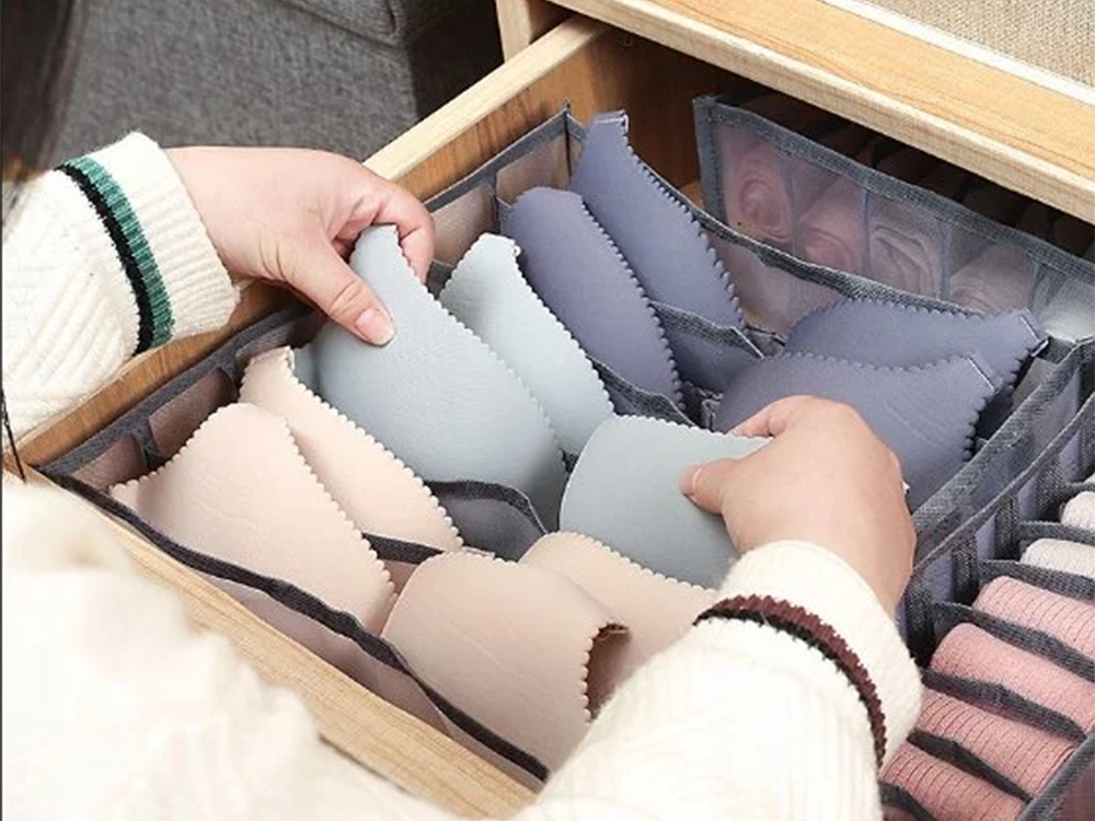 Bra and Underwear Drawer Organizer with 6 Compartments, Grey
