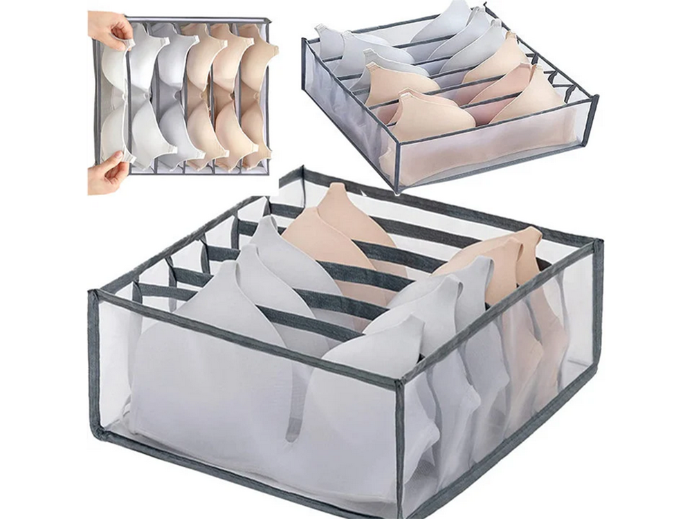 Bra and Underwear Drawer Organizer with 6 Compartments, Grey
